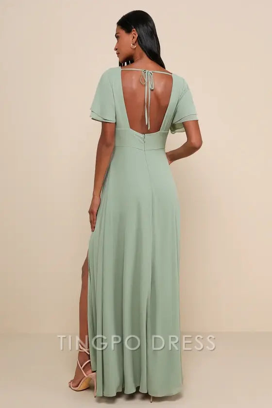 TingPo Wholesale Signature Elegance Promise Of Love Sage Brush Flutter Sleeve Maxi Dress formal wear dresses